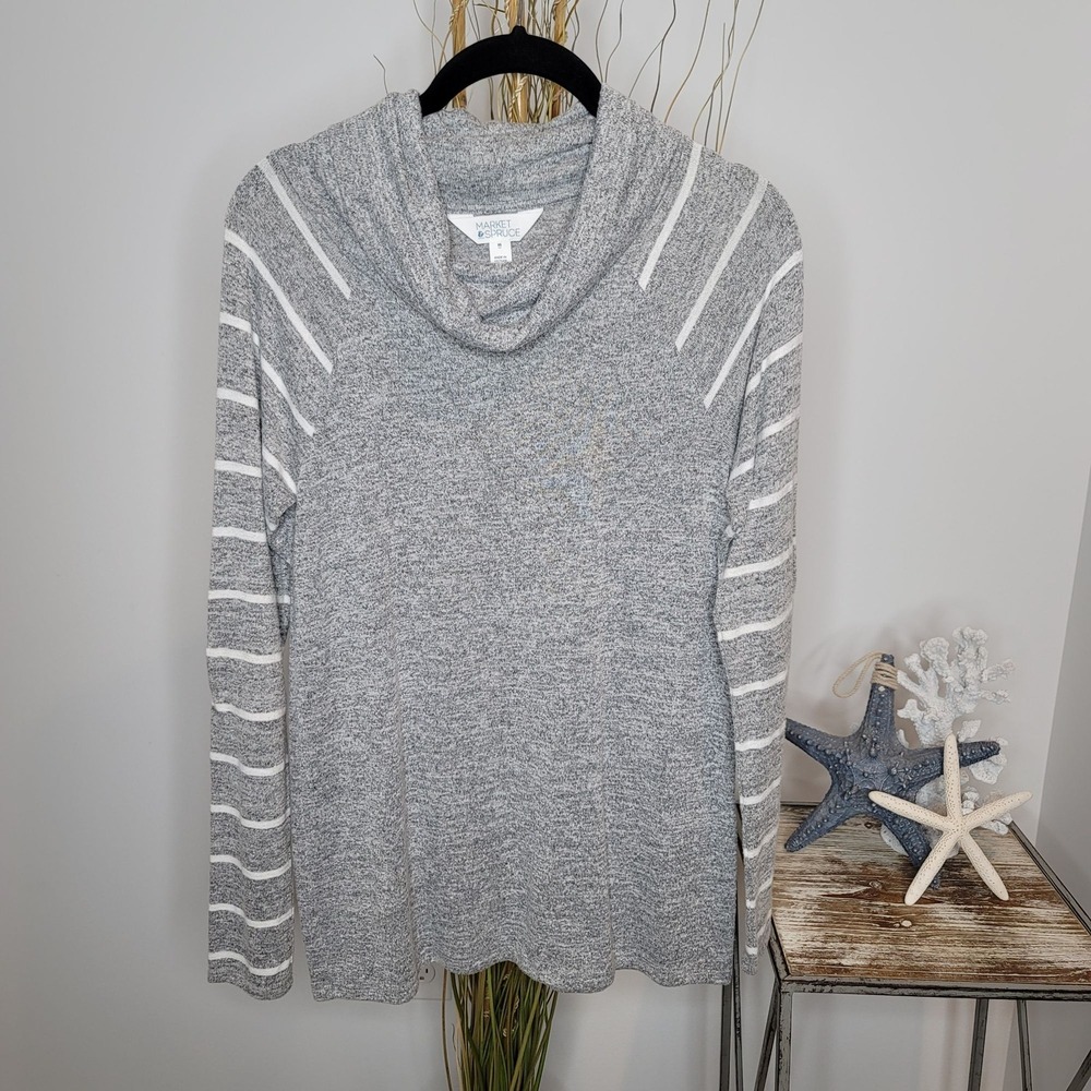 Market & Spruce Sweater Women XS‎ Gray Cowl Neck Pullover Striped Elbow Patch